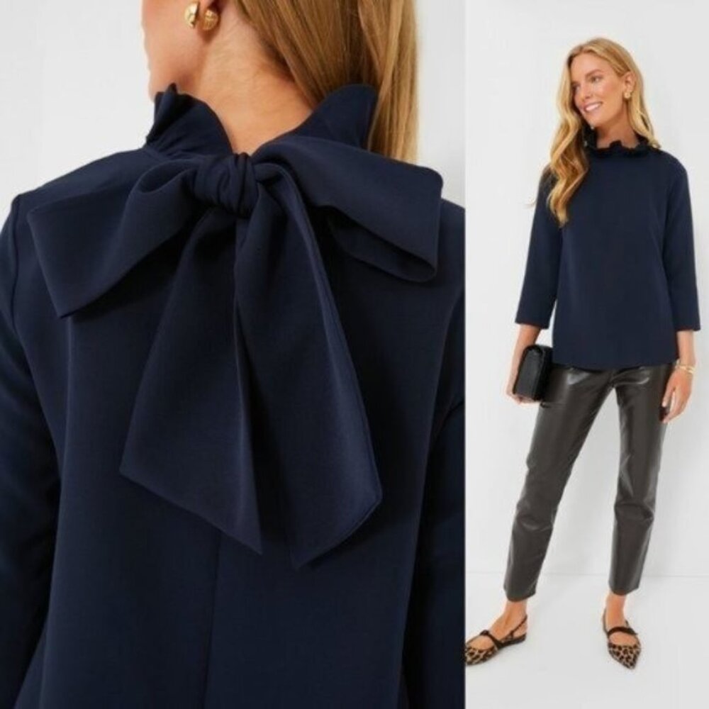 Tuckernuck Navy Bow-Back Ruffle Neck Blouse